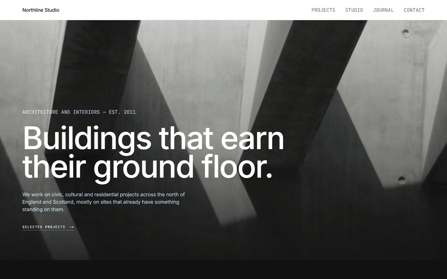 Northline Studio home page with a full-bleed concrete interior and the headline Buildings that earn their ground floor
