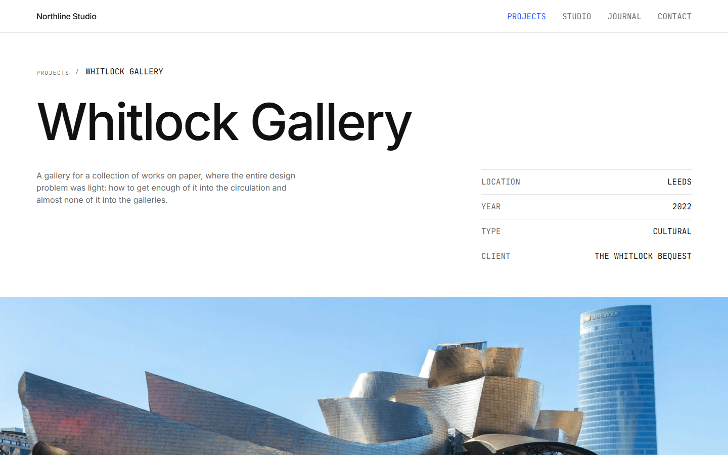 Northline project detail page with project metadata, narrative copy, and architectural photography