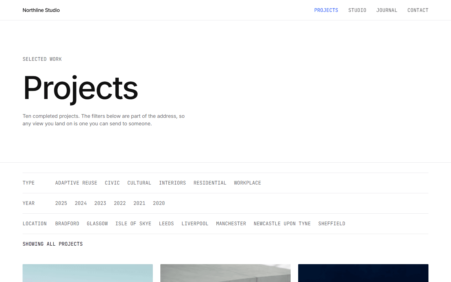 Northline projects index showing an editorial grid and project filters