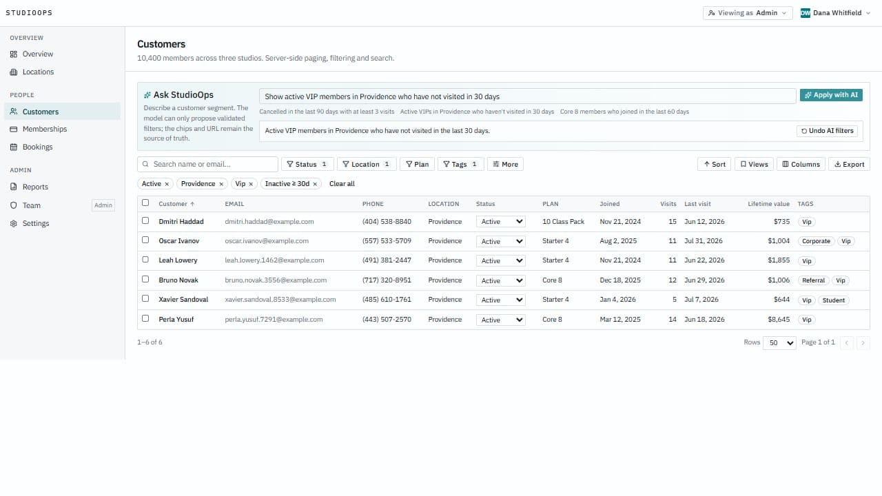 StudioOps customer directory with an Ask StudioOps request translated into active-status, Providence, VIP, and inactivity filters