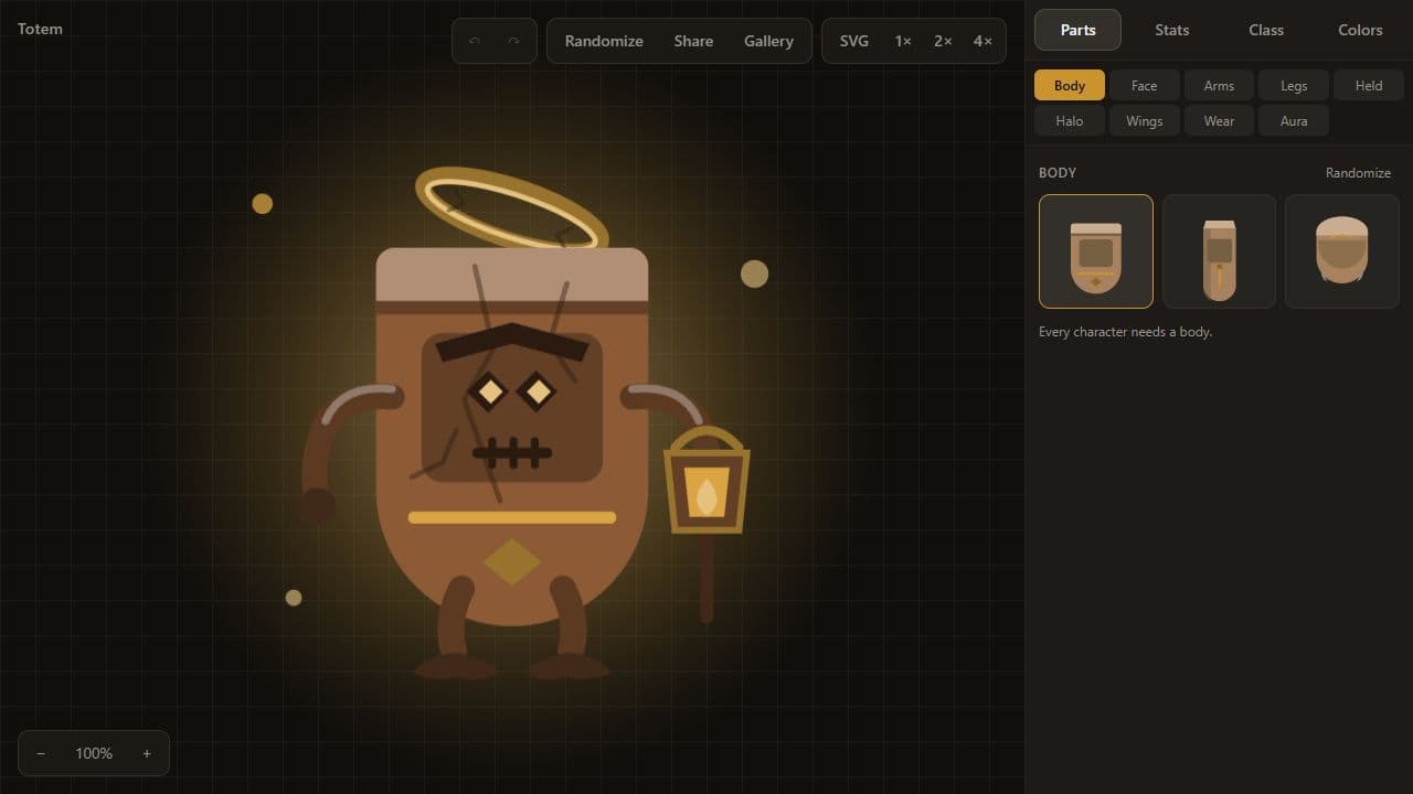 Totem character builder with a lantern-carrying wooden character on the canvas and body-part controls in the editor