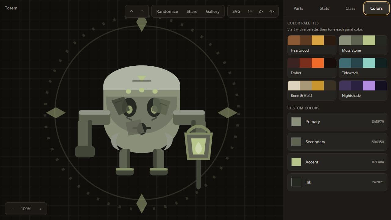 Totem editor showing six preset palettes and four custom color controls beside a randomized character