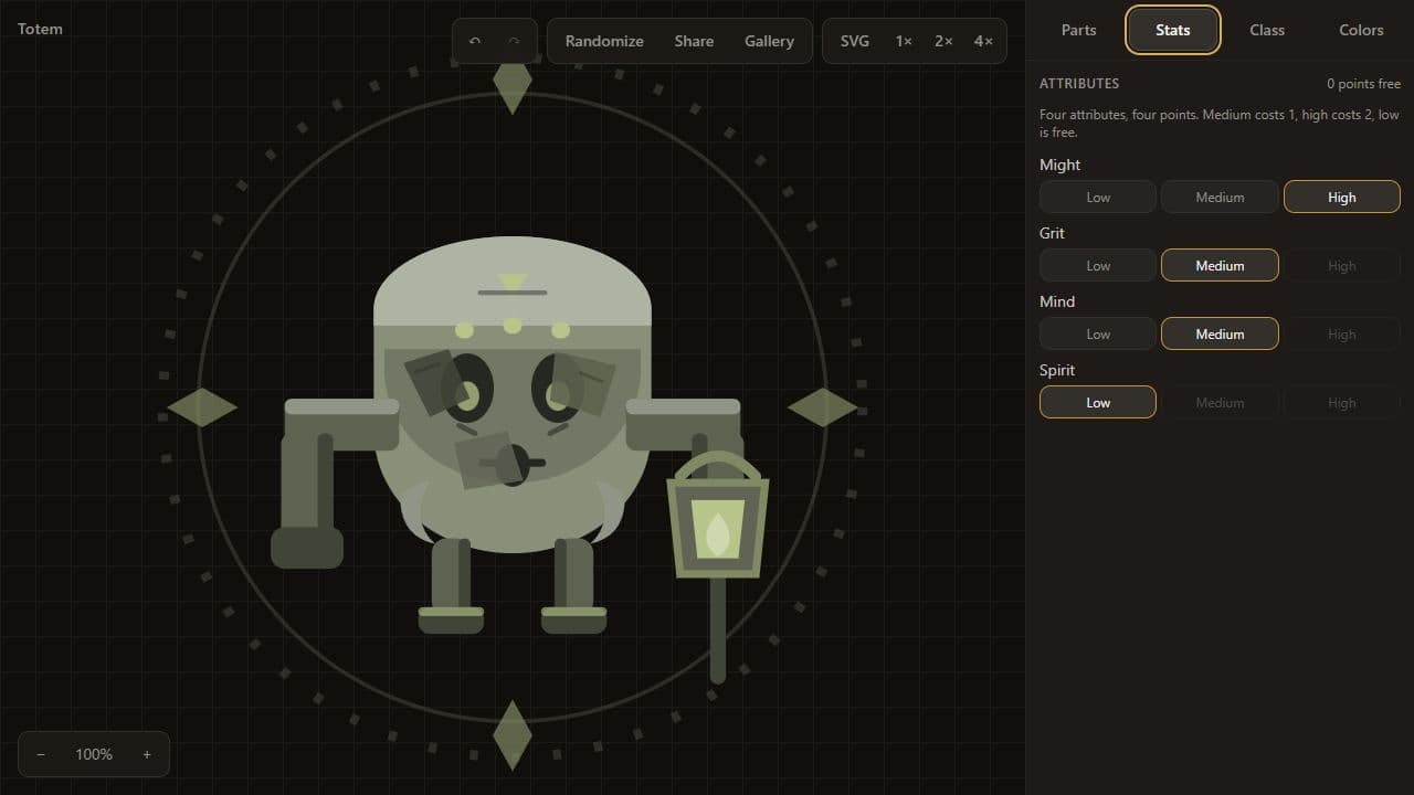 Totem stats editor showing constrained Might, Grit, Mind, and Spirit choices beside the character canvas