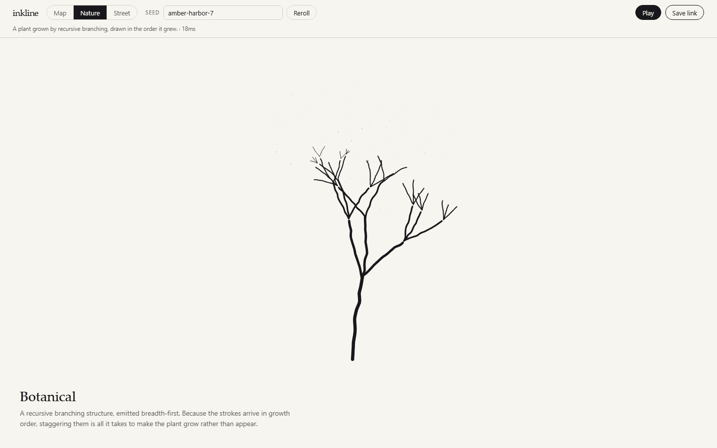 Inkline sandbox midway through drawing a branching botanical scene, with type, seed, reroll, play, and save-link controls