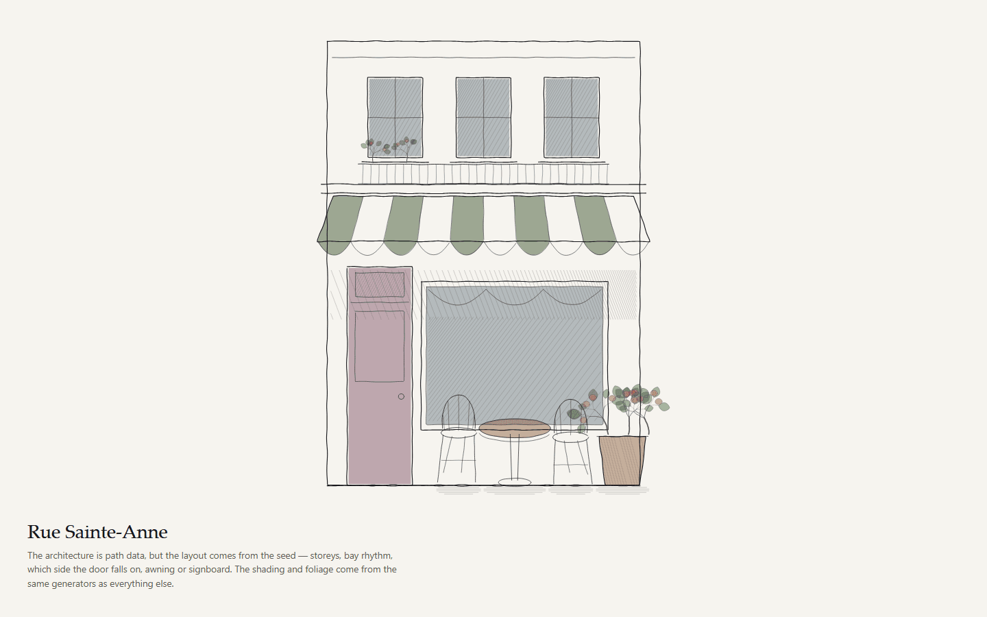 Inkline's completed Rue Sainte-Anne drawing, a seeded two-storey shopfront with an awning, windows, cafe furniture, and plants